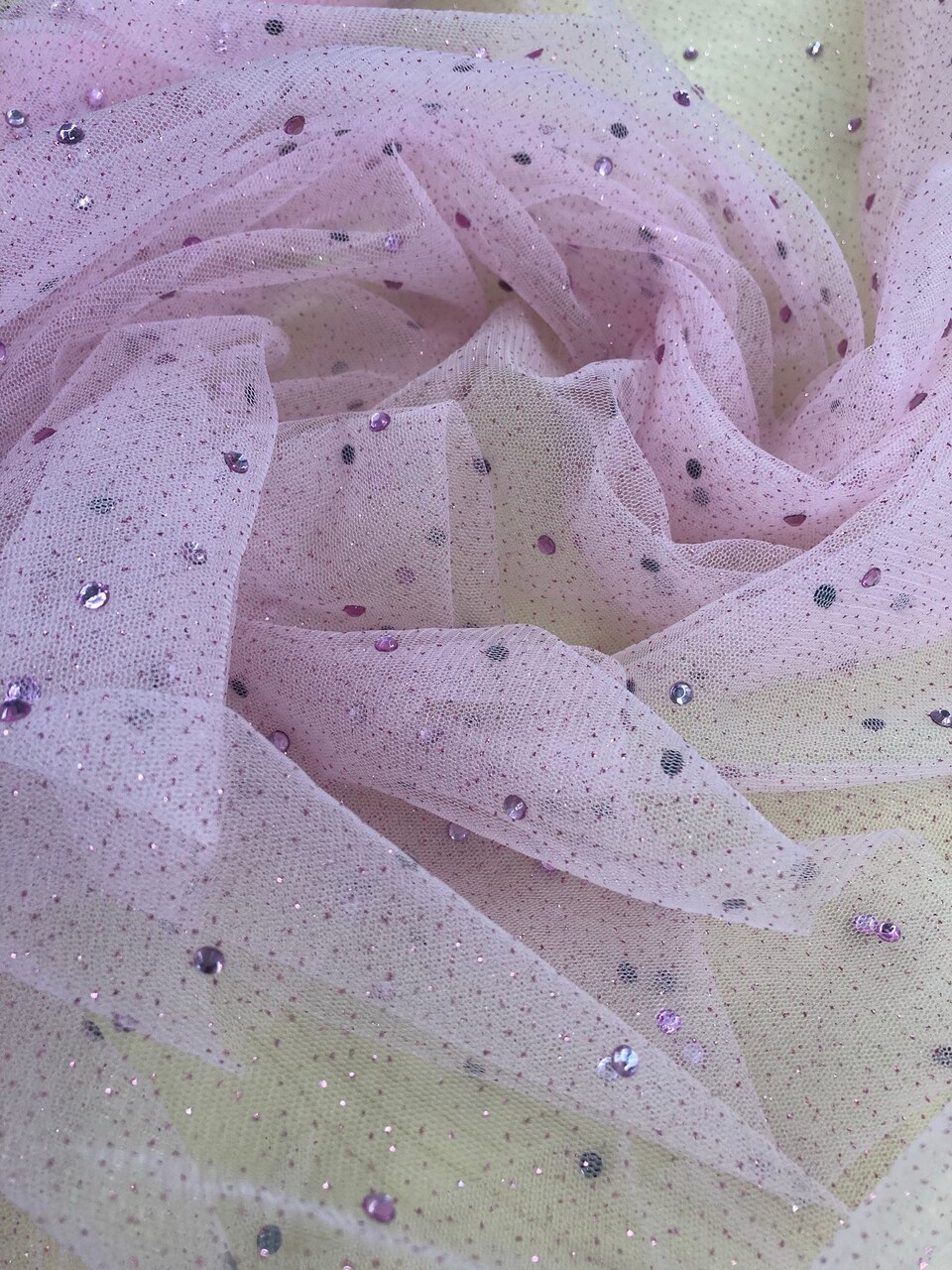 1 Yard Champagne Glitter Mesh Fabric with Scattered Rhinestones Stretch 60 Inch Width